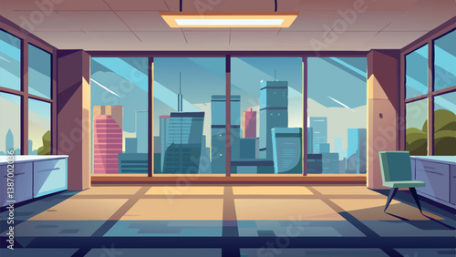 Modern office with large windows overlooking a bustling city skyline in the late afternoon sunlight Generative AI