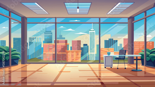 Modern office space with panoramic city views in a vibrant urban skyline during sunset Generative AI