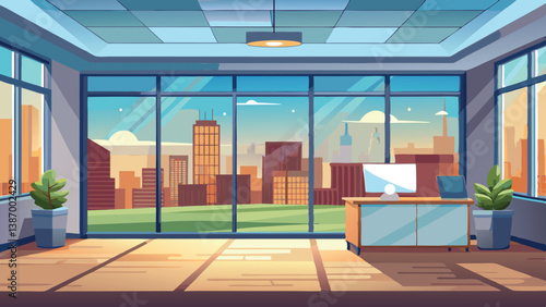 Modern office interior with city skyline view showcasing bright, spacious design and contemporary decor elements Generative AI