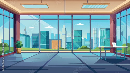 Modern office space with large windows overlooking city skyline and greenery in bright daylight Generative AI