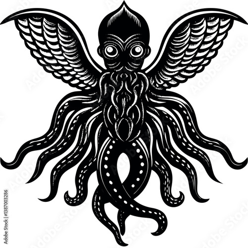 Unique black and white illustration of a mythological creature with wings and octopus tentacles Generative AI
