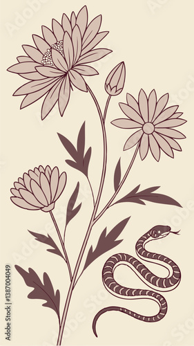Illustration of flowers and a snake intertwined in a natural setting with a vintage aesthetic Generative AI