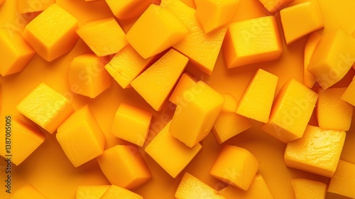 Closeup pile yellow ripe fut cubed slices mango fruit abstract background. Generated AI image