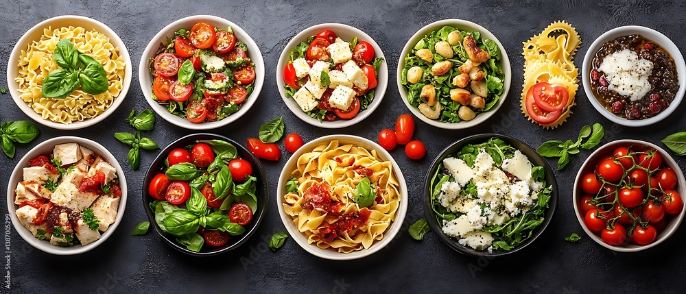 Assorted Italian Dishes on Dark Surface Assorted Italian Dishes on Dark Surface