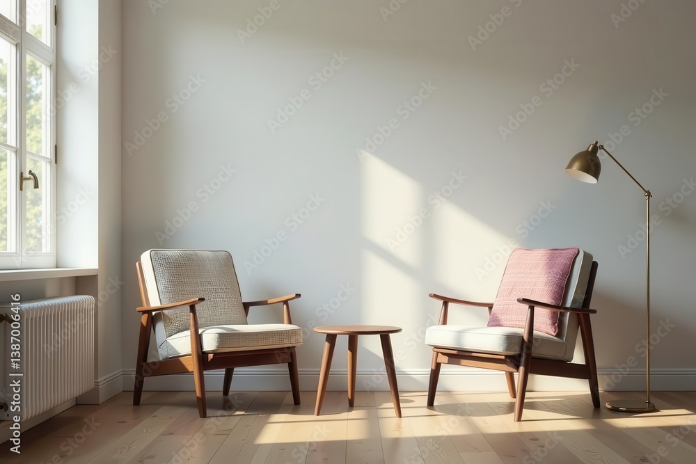 Fototapeta premium Serene Living Room with Mid-Century Modern Armchairs and a Simple Side Table, Bathed in Warm Sunlight