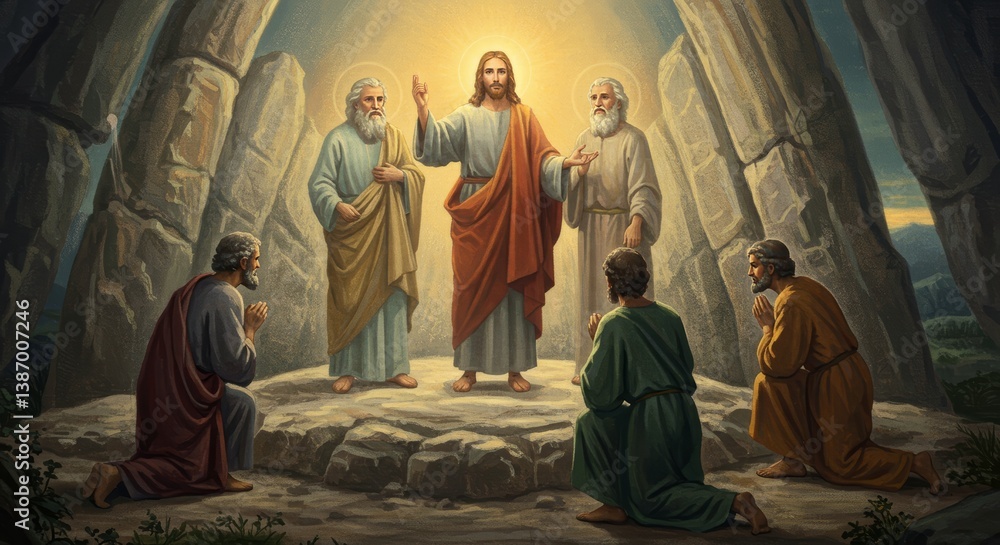Naklejka premium The Transfiguration scene depicted in a classical painting style art with a golden glow