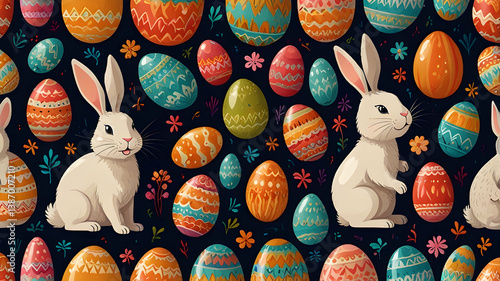 White Rabbits Among Vibrant Easter Eggs and Floral Patterns