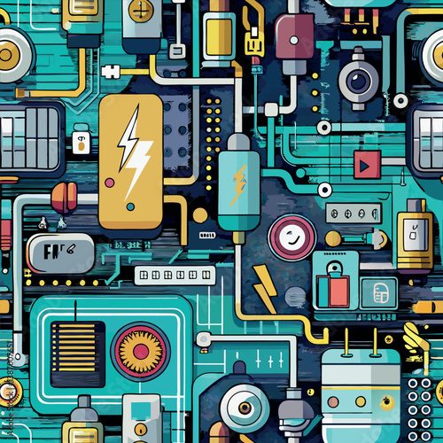 Colorful circuit board design featuring various electronic components and wiring in a complex layout Generative AI