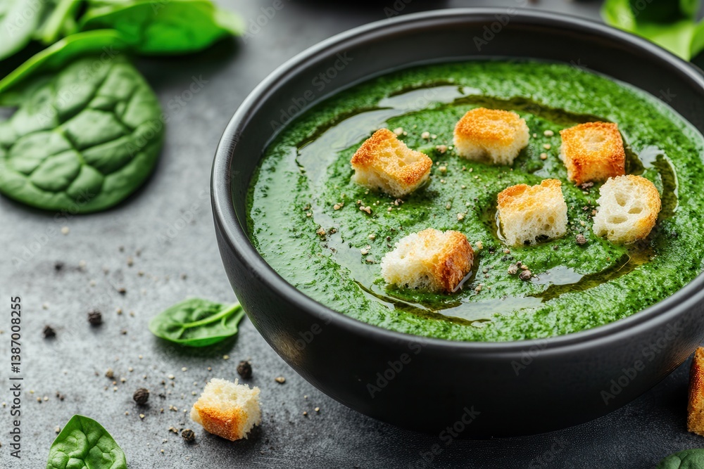 Delicious Spinach Puree Soup with Croutons in a Dark Bowl, Highlighted Against a Grey Concrete Background Delicious Spinach Puree Soup with Croutons in a Dark Bowl, Highlighted Against a Grey Concrete Background