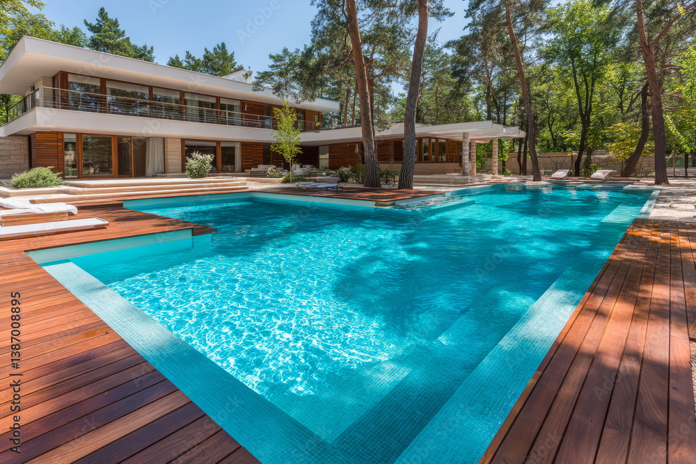 Fototapeta premium Tranquil modern villa with a serene pool surrounded by lush trees during a sunny day