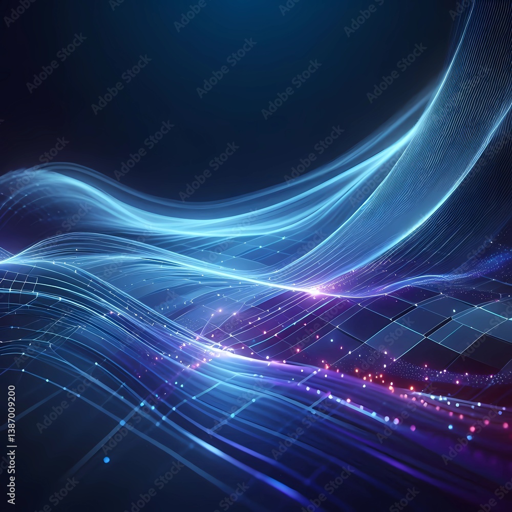 Fototapeta premium Futuristic abstract fractal visualization 3D minimalist modern data flow background with glowing blue and purple light wave
