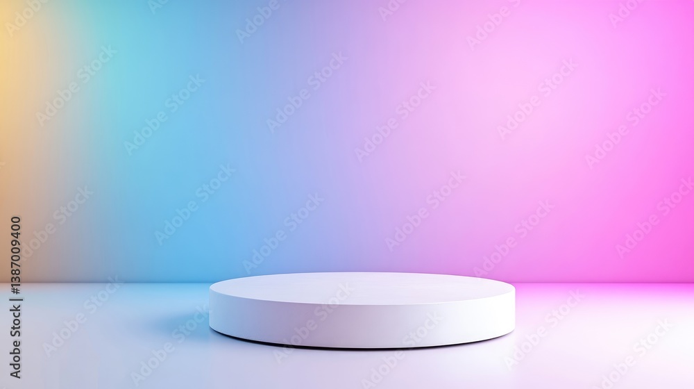 A white circular podium displayed in a modern studio with a gradient background of blue, pink, and purple hues, and minimalistic and vibrant composition. A white circular podium displayed in a modern studio with a gradient background of blue, pink, and purple hues, and minimalistic and vibrant composition.