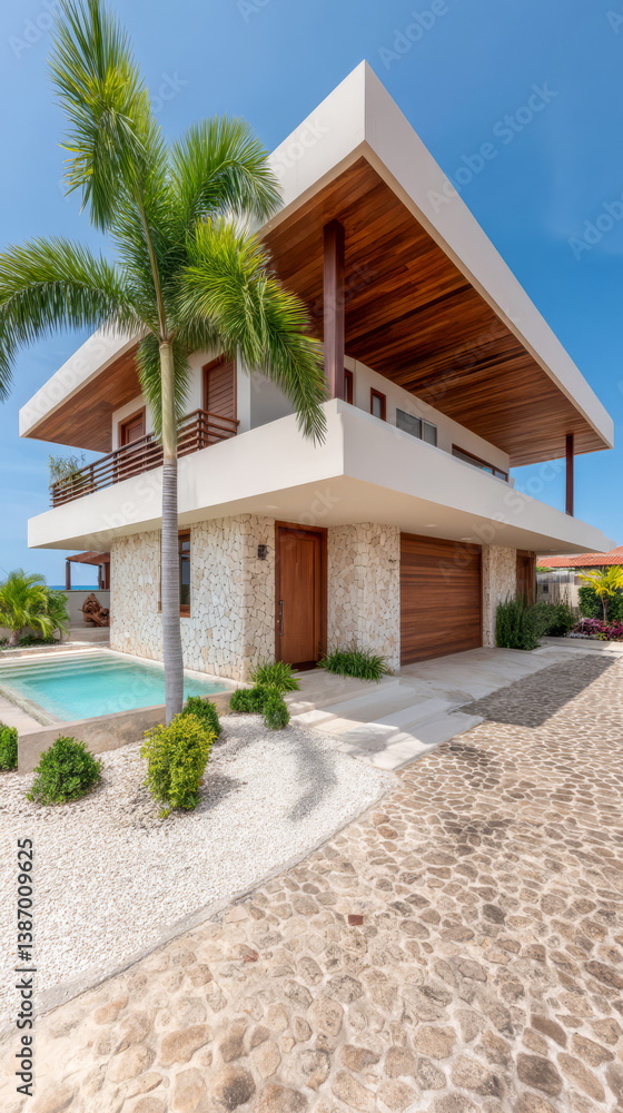 Fototapeta premium Modern villa with pool and landscaped garden in sunny tropical location