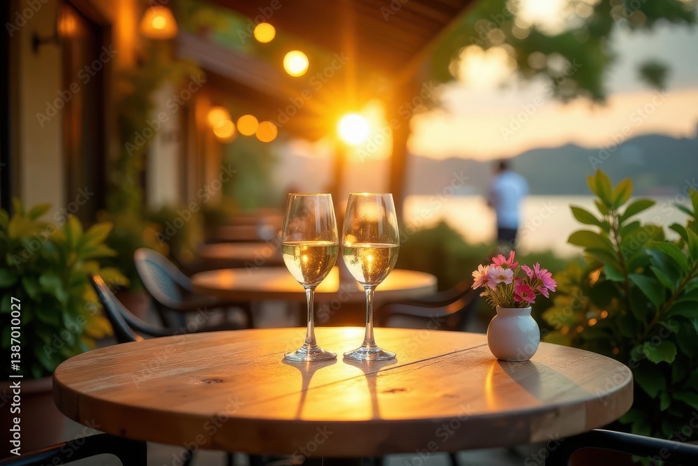 Fototapeta premium Golden Hour Relaxation Two Wine Glasses on a Wooden Table at an Outdoor Patio with Sunset View