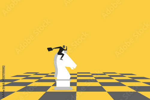 Businessman riding chess knight to win chess victory. concept of Strategic move, leadership to lead team with strategy, challenge to success, courage and confidence to win business competition