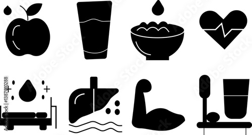 Health and Wellness Solid Icons Set with Apple, Protein Shake, Healthy Bowl, Heart Care, Fitness Strength, Hygiene, Spa Therapy and Nutrition Symbols.