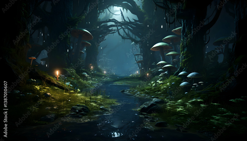 Dark Pixel Art Forest With Glowing Mushrooms and Mossy Trees by Calm River at Night Dark Pixel Art Forest With Glowing Mushrooms and Mossy Trees by Calm River at Night