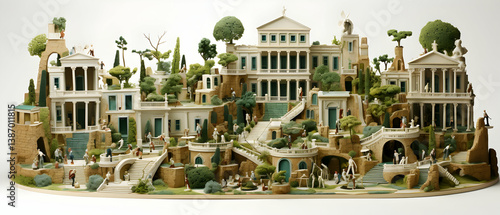 Detailed Architectural Model Depicting a Mediterranean Townscape with Cream Buildings Lush Greenery and Complex Terraced Layout in Warm Lighting