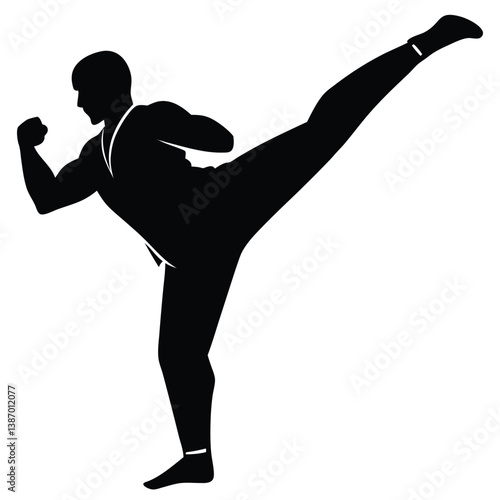 Martial Arts Silhouette Of A Man Performing A High Kick Technique.