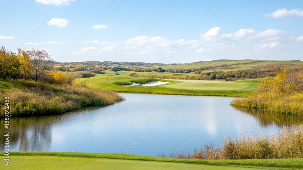 Scenic golf course landscape with a tranquil lake. Lush green fairways and a gently sloping landscape. Autumn colors in the background Scenic golf course landscape with a tranquil lake. Lush green fairways and a gently sloping landscape. Autumn colors in the background
