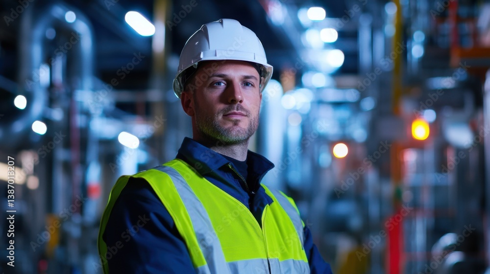 Confident engineer in safety gear, embodying professionalism and resilience in industrial expertise. Confident engineer in safety gear, embodying professionalism and resilience in industrial expertise.