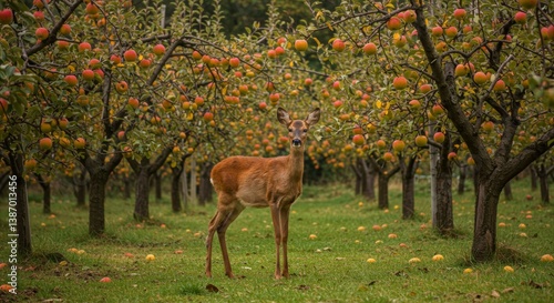 Lone deer amidst a tranquil apple orchard, ripe with autumn harvest fruits