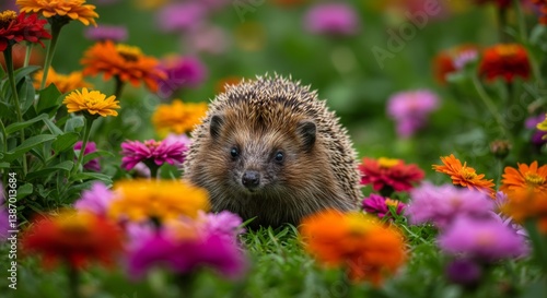 Charming hedgehog amidst a vibrant tapestry of blooming flowers on a spring day