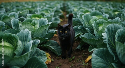 Black cat strolling amidst cabbage field, vibrant yellow eyes contrasting greenery
