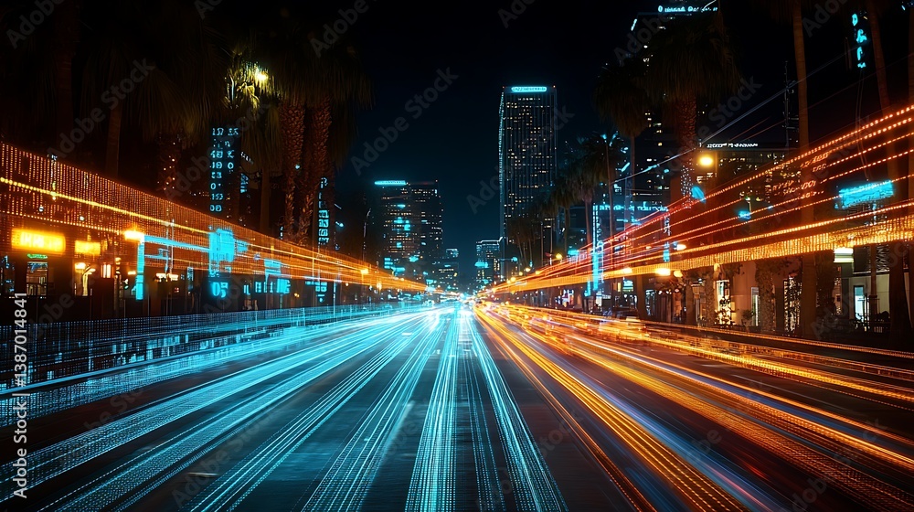 High-Tech City View at Night with Vibrant Big Data Overlays, Showcasing Real-Time Analytics and Glowing Network Connections, Captured Through a Camera
High-Tech City View at Night with Vibrant Big Data Overlays, Showcasing Real-Time Analytics and Glowing Network Connections, Captured Through a Camera