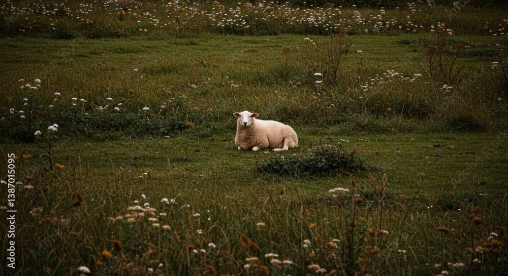 Idyllic pastoral scene featuring a resting sheep in a wildflower meadow Idyllic pastoral scene featuring a resting sheep in a wildflower meadow