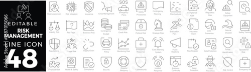 Risk Management Web Icons Set in Line Style. Linear Icons Collection Featuring Risk Assessment, Mitigation Strategies, Insurance, and Financial Protection. Editable Stroke.