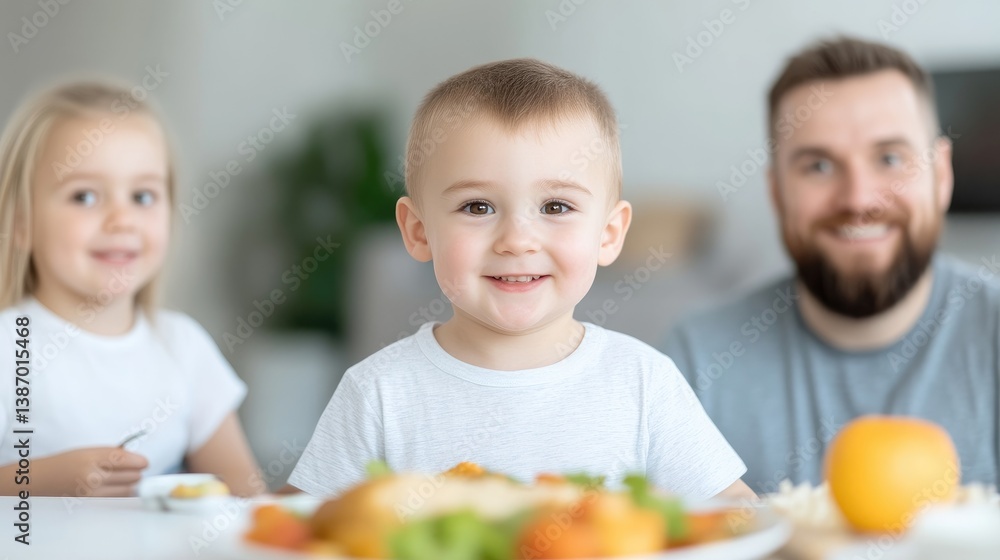A smiling toddler sits center, in a white shirt, at a table with food. A girl and a man are blurred in the background. The photo is well-lit, high-quality, and features warm tones. Its a candid, happ A smiling toddler sits center, in a white shirt, at a table with food. A girl and a man are blurred in the background. The photo is well-lit, high-quality, and features warm tones. Its a candid, happ