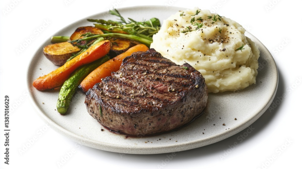 A perfectly grilled steak with roasted vegetables and mashed potatoes. Featuring indulgence and flavor