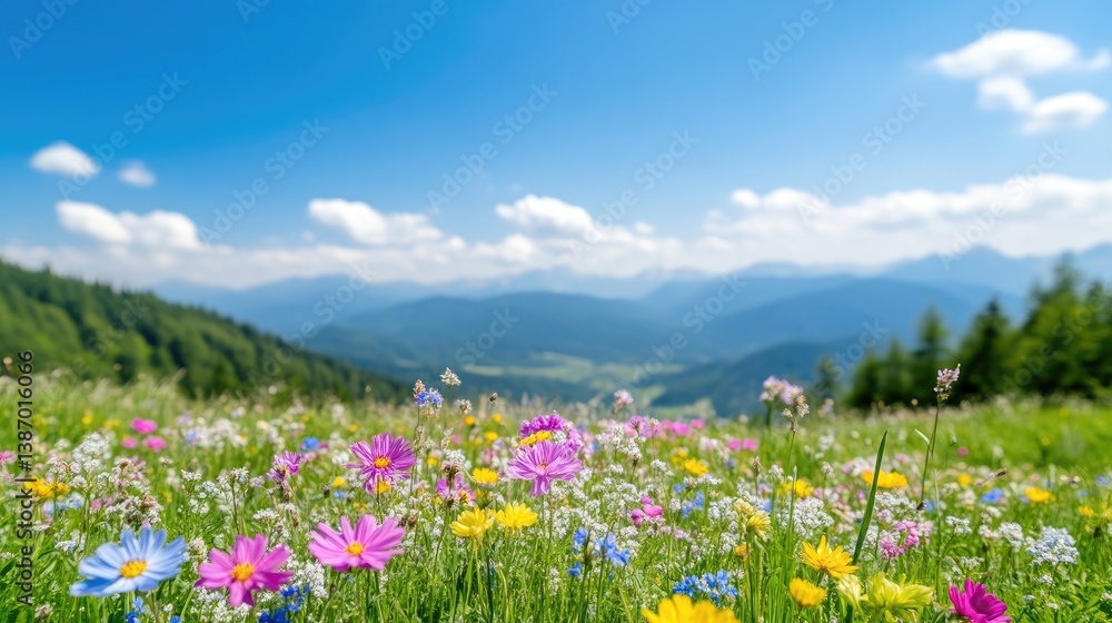 Vibrant wildflowers blanket a mountain meadow under a vibrant blue sky Vibrant wildflowers blanket a mountain meadow under a vibrant blue sky