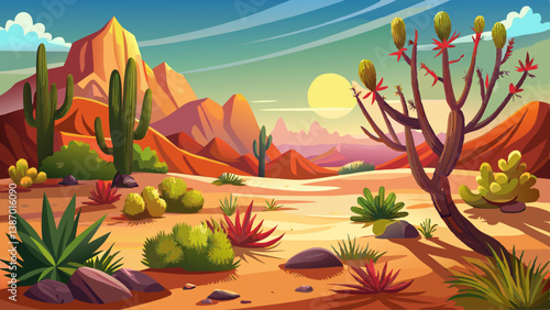 A desert shrubland with thorny bushes and low-growing plants under a blazing sun