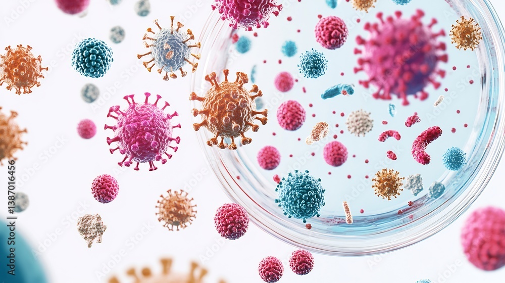 Fototapeta premium Different types of viruses floating a petri dish digitally illustrated with high detail isolated on a white background