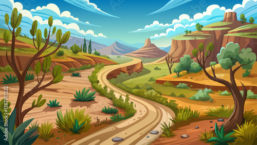A winding dirt path cutting through arid shrubland with sparse vegetation and rugged terrain.