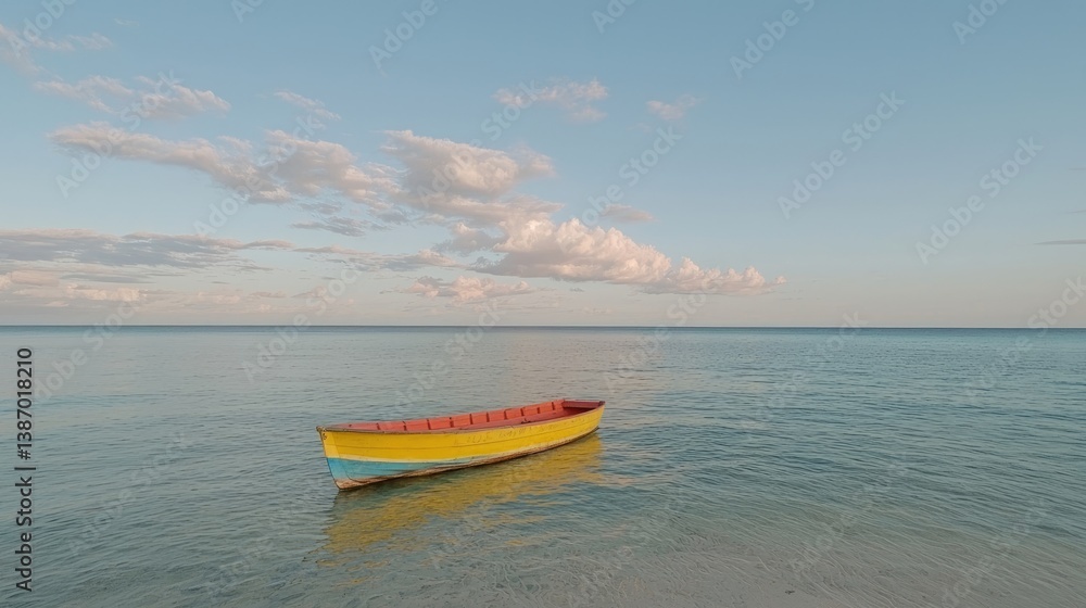 Colorful small boat adrift on calm water, serene coastal scene under a vast sky Colorful small boat adrift on calm water, serene coastal scene under a vast sky