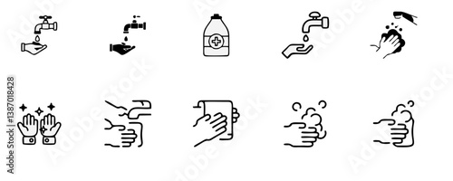Hand Washing Line Icons. Editable Stroke. Pixel Perfect. For Mobile and Web. Contains such icons as Bacterium, Bathroom, Bubble, COVID-19, Cleaning Sponge, Dirty, Dryer, Faucet, Hand Dryer, Human Hand