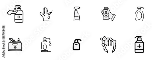 Hand Washing Line Icons. Editable Stroke. Pixel Perfect. For Mobile and Web. Contains such icons as Bacterium, Bathroom, Bubble, COVID-19, Cleaning Sponge, Dirty, Dryer, Faucet, Hand Dryer, Human Hand