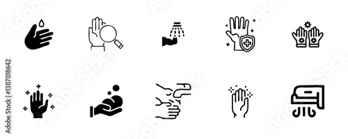 Hand Washing Line Icons. Editable Stroke. Pixel Perfect. For Mobile and Web. Contains such icons as Bacterium, Bathroom, Bubble, COVID-19, Cleaning Sponge, Dirty, Dryer, Faucet, Hand Dryer, Human Hand