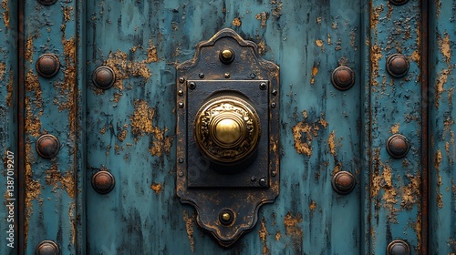 Classic Ornamental Door Knob Brass Tone Weathered Wood Vintage Texture Photo