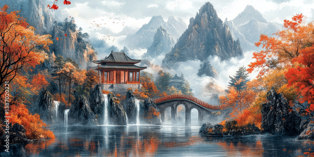 Fototapeta premium Chinese traditional ancient architecture art illustration 