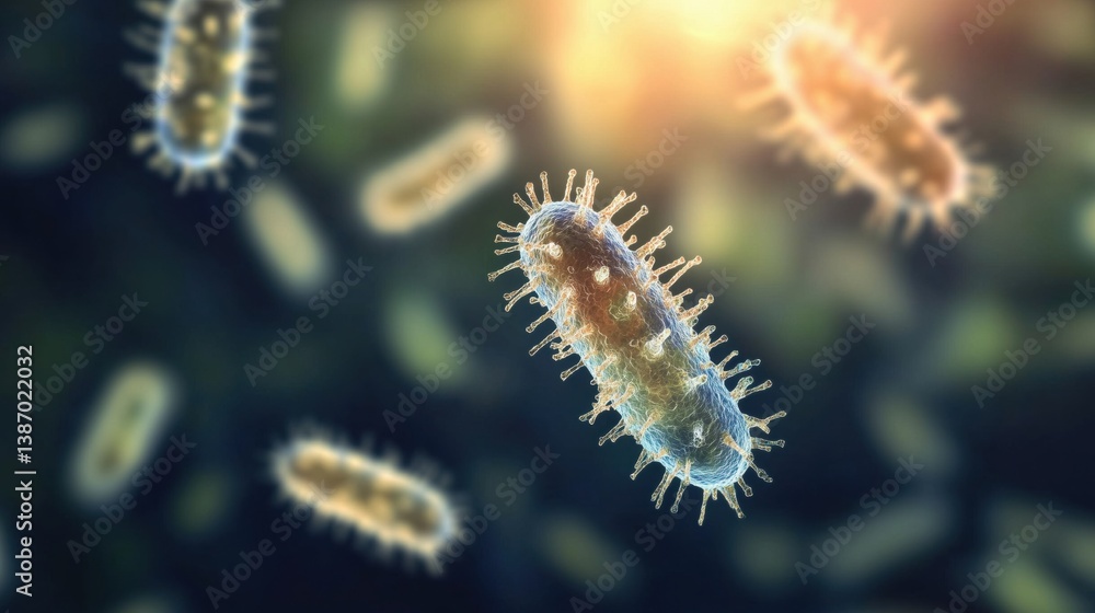 Fototapeta premium Close-up view of bacteria in a microscopic environment with glowing details.