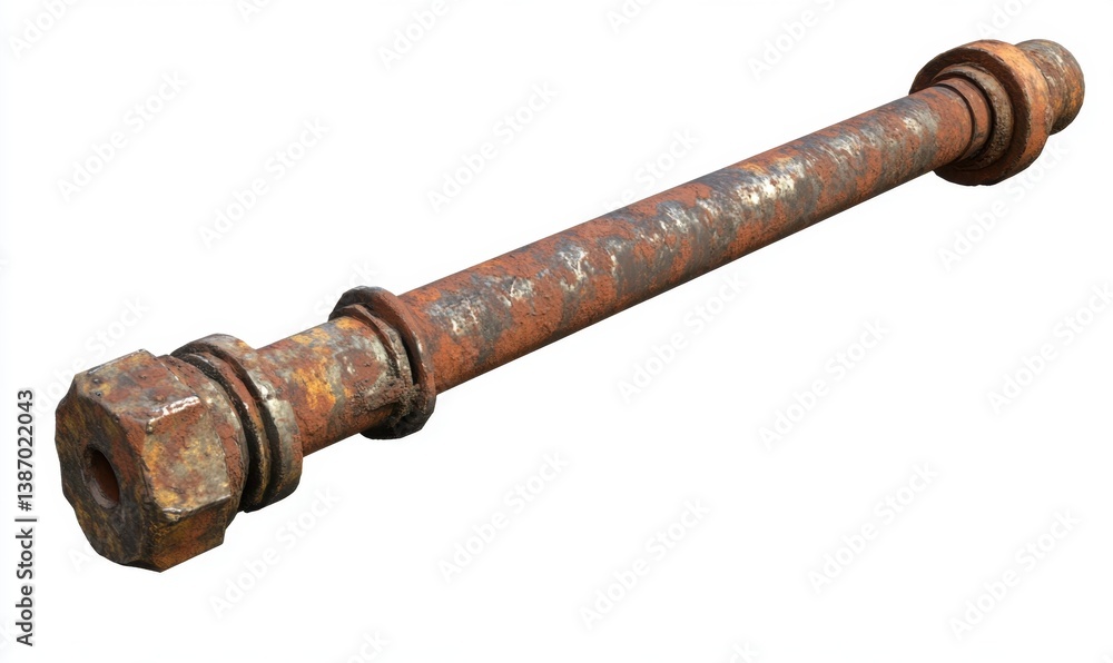 Obraz premium Rusty metal rod, isolated on white background, industrial part, mechanical component, potential for recycling