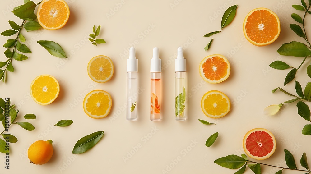 Fototapeta premium Skincare Ampoules with Vitamin C, Citrus Fruits, and Leaves on a Beige Background