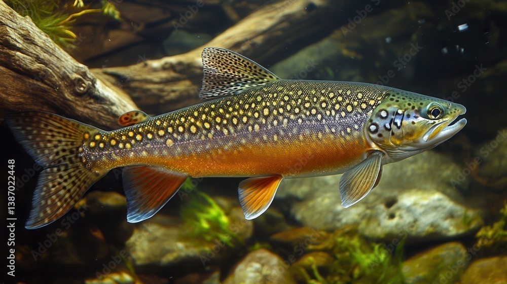 Naklejka premium Adult Brook Trout (Salvelinus fontinalis) in Freshwater Habitat Surrounded by Aquatic Plants - A Stunning Example of European Freshwater Wildlife
