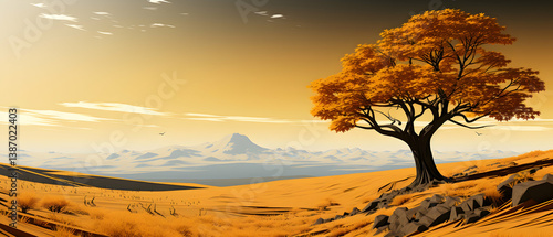 Golden Hilly Landscape with Deciduous Tree at Sunset Pixel Art Style with Distant Mountain and Warm Tone Background