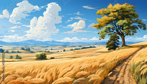 Golden Wheat Field with Green Tree under Blue Sky and White Clouds in Countryside Rural Landscape on a Sunny Day Pixel Art