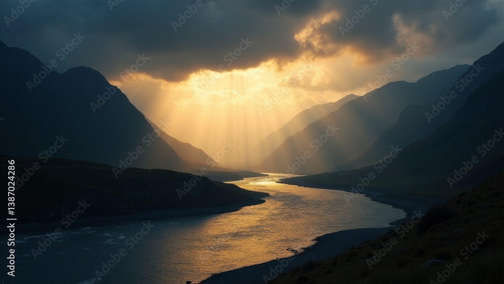 Fototapeta premium River Valley With Golden Light Rays